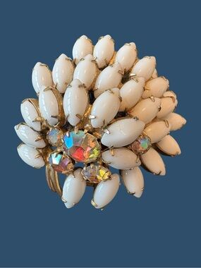 Vintage  Continental White Milk Glass and Aurora Borealis Rhinestone Brooch